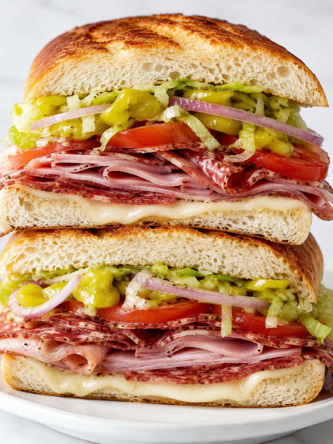 Toasted Italian cold cut sandwich halves with melted provolone and crisp lettuce