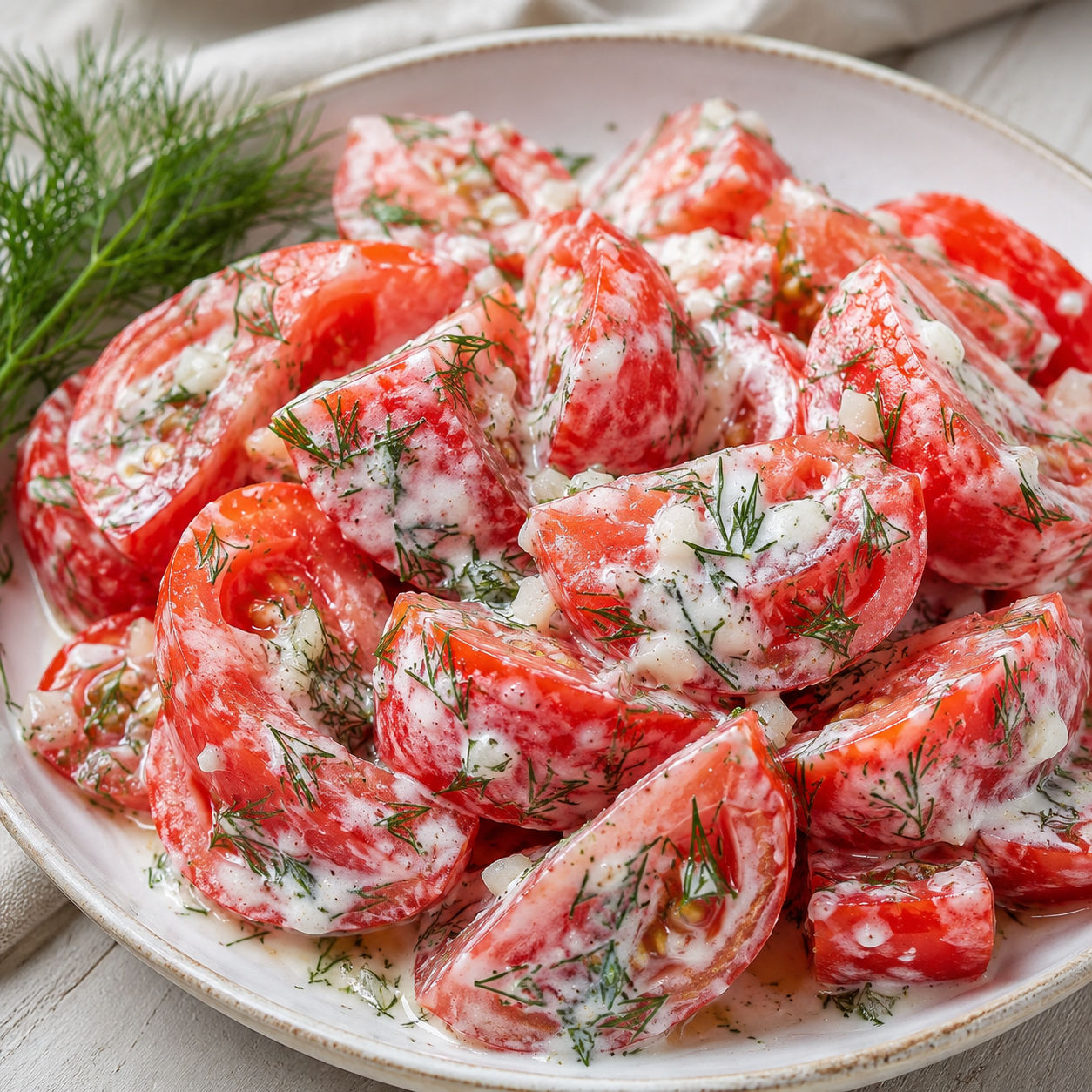 Tomato garlic salad with dill in creamy dressing on a white plate
