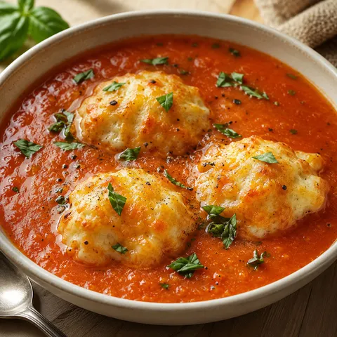 Tomato soup with cheesy dumplings and basil in a wide bowl