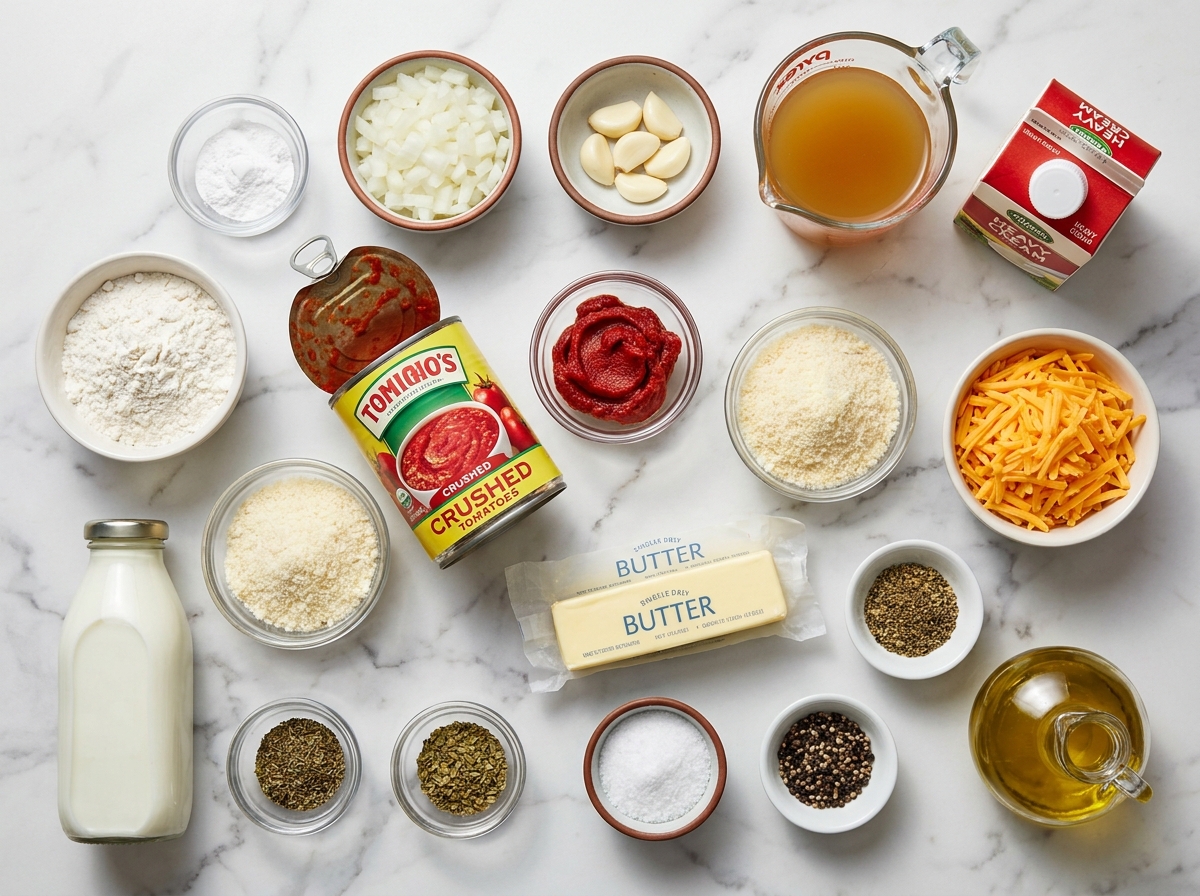 Ingredients for tomato soup with cheddar dumplings on a wooden surface