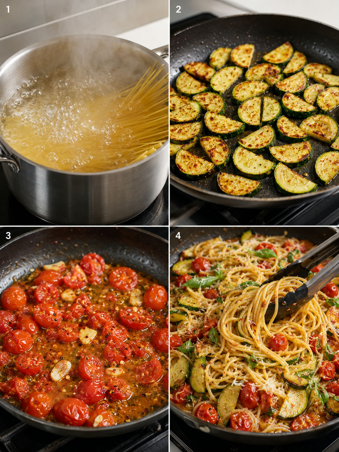Four cooking steps for tomato zucchini pasta in a skillet
