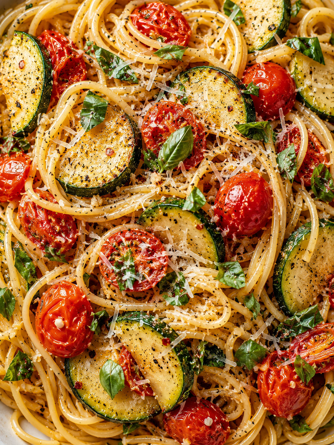 Top-down tomato zucchini pasta with basil, Parmesan, and cherry tomatoes