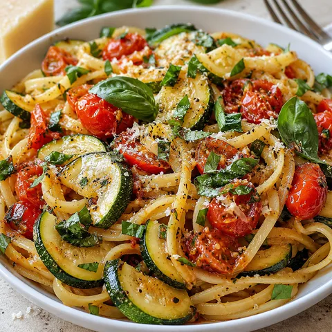 Tomato zucchini pasta with basil, parsley, and grated Parmesan