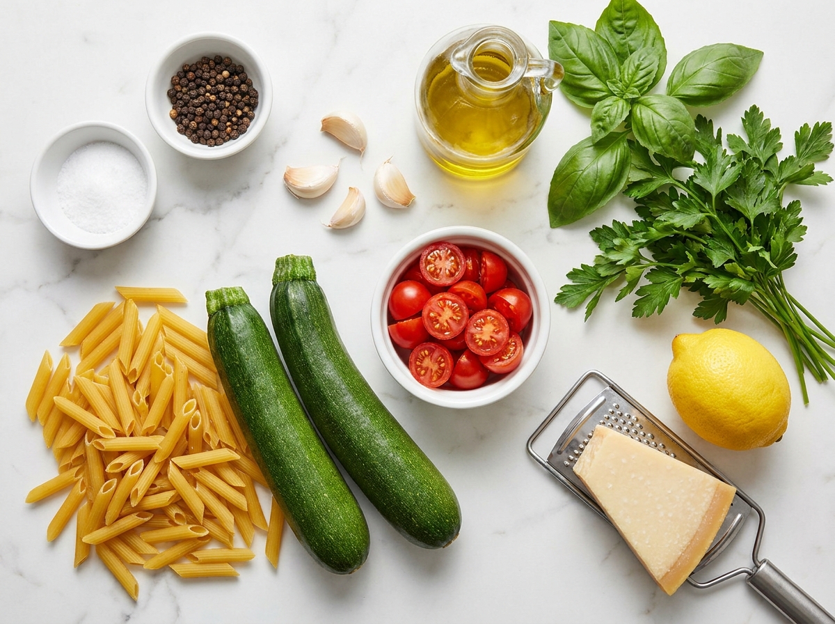 Ingredients for tomato zucchini pasta with herbs and Parmesan