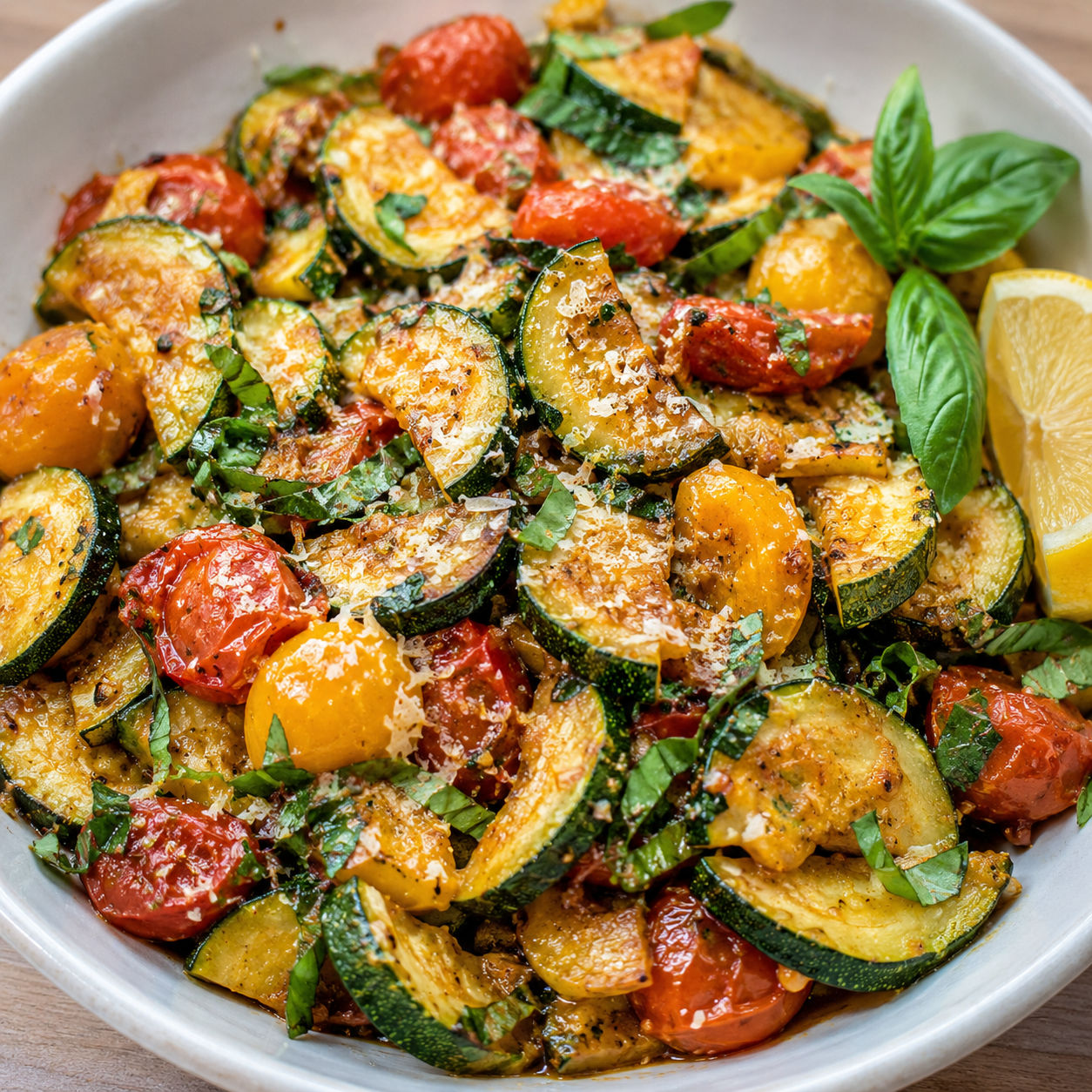 Tomato zucchini with fresh basil and Parmesan in a white bowl