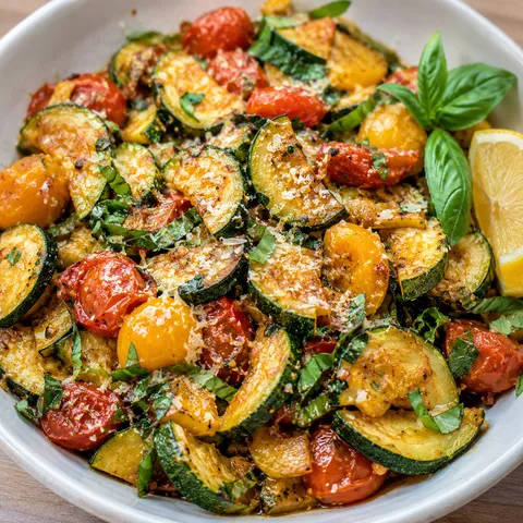 Tomato zucchini with fresh basil and Parmesan in a white bowl