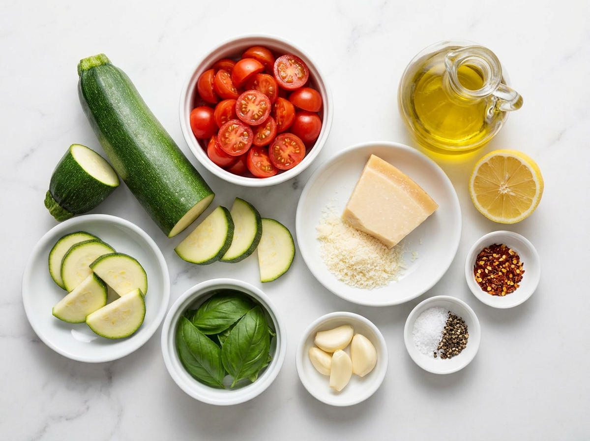 Raw zucchini, tomatoes, basil, Parmesan, garlic, lemon, and olive oil