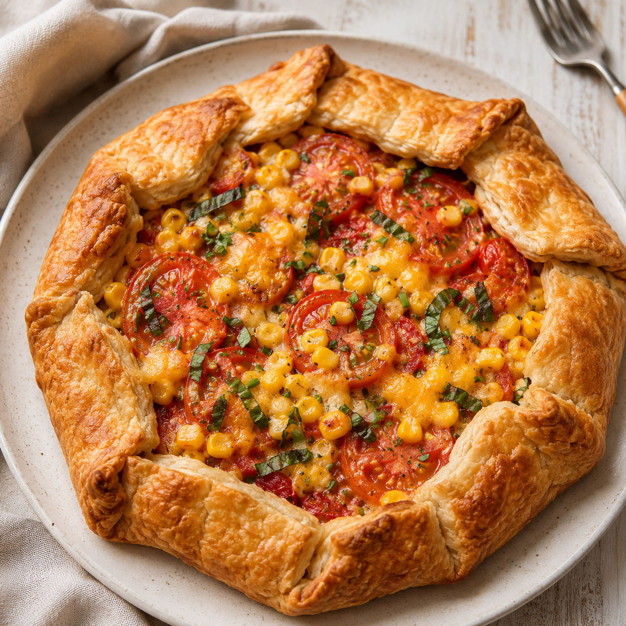 Tomato and corn galette with golden flaky crust and basil