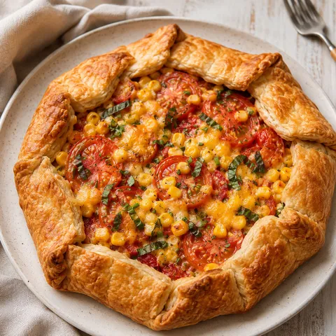 Tomato and corn galette with golden flaky crust and basil
