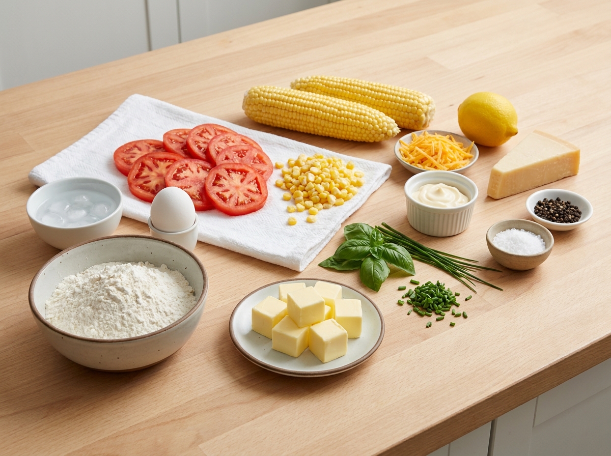 Ingredients for tomato and corn galette with butter, herbs, and cheese