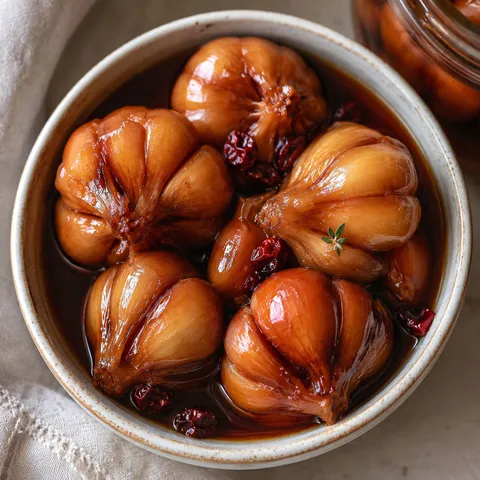 Torshi Seer garlic pickle with dark vinegar brine and soft cloves
