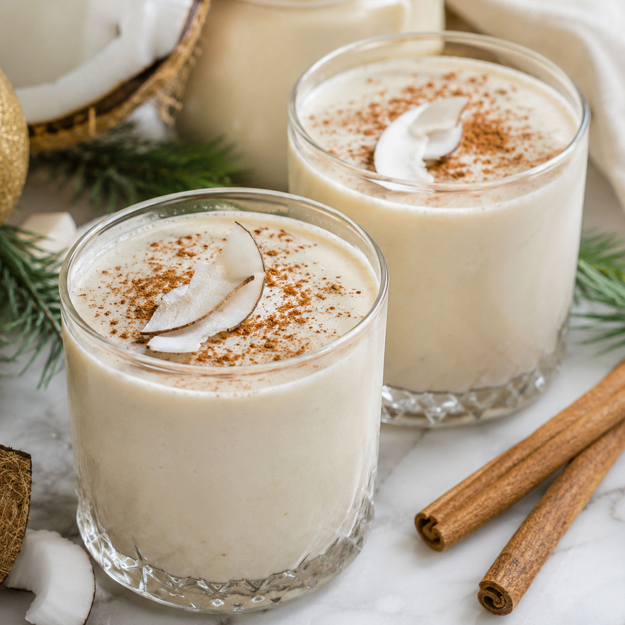 Traditional Coquito in small glasses with cinnamon and coconut curls