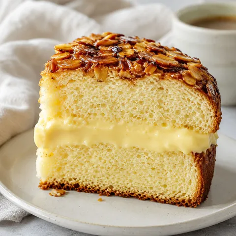 German bee sting cake slice with vanilla cream and honey almond topping