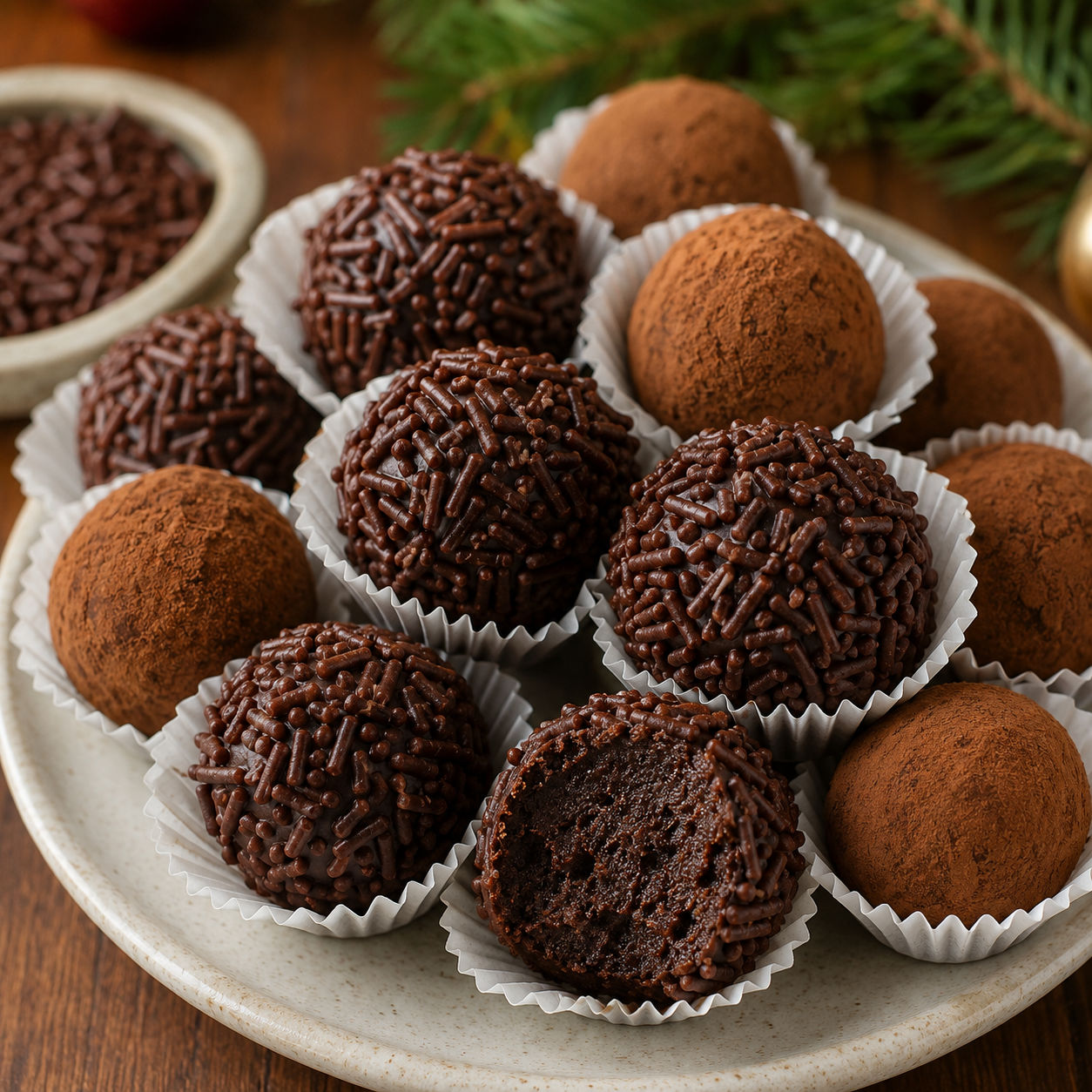 German rum balls coated in chocolate sprinkles on a ceramic plate