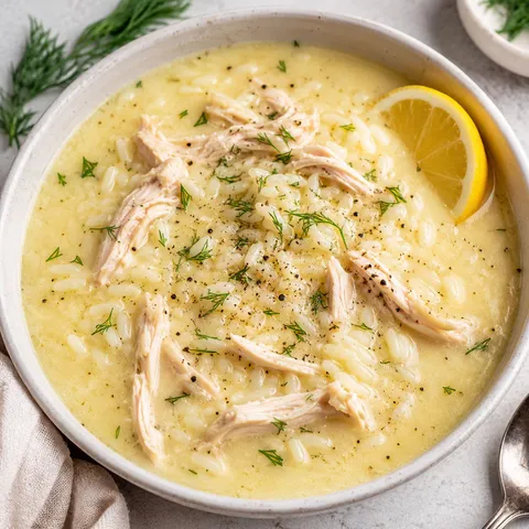 Traditional Greek Avgolemono with chicken, rice, dill, and lemon