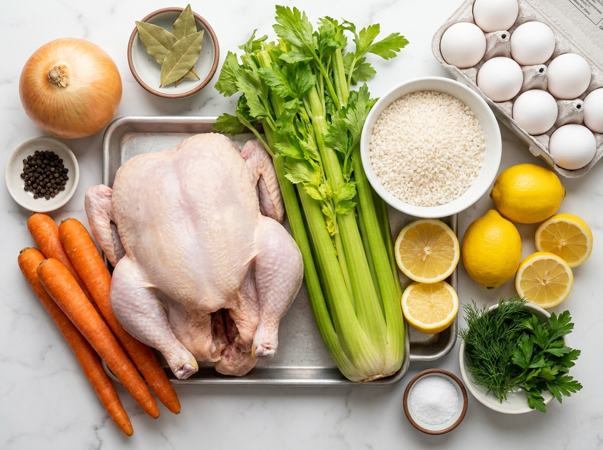 Ingredients for Traditional Greek Avgolemono with chicken, rice, eggs, and lemons