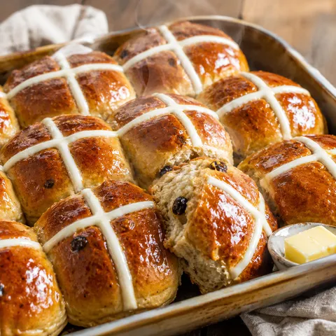 Glossy traditional hot cross buns with white crosses and sultanas