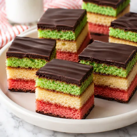 Italian rainbow cookie squares with red white and green almond layers