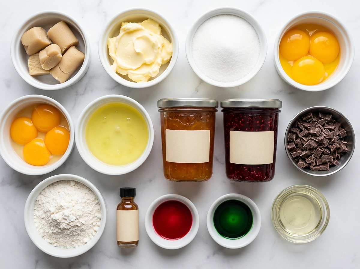 Ingredients for Italian rainbow cookies with almond paste jam and chocolate