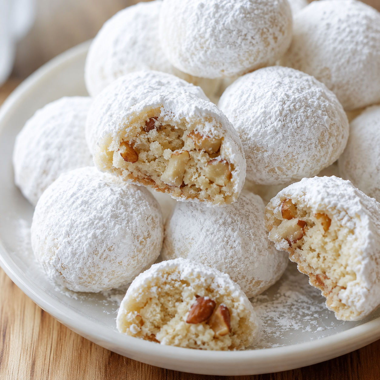 Powdered sugar Italian wedding cookies piled on a small white plate