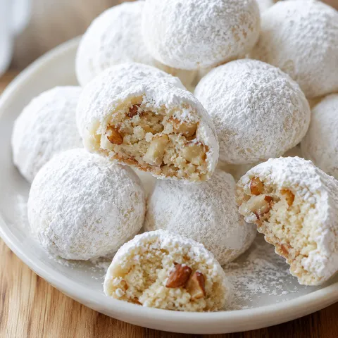 Powdered sugar Italian wedding cookies piled on a small white plate