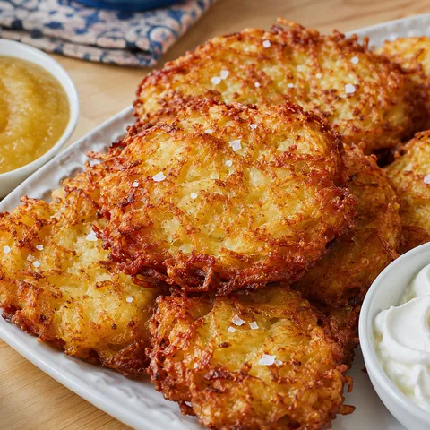 Golden potato latkes with applesauce and sour cream on a white platter
