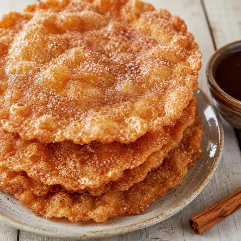 Stack of crispy Mexican buñuelos dusted with cinnamon sugar and piloncillo syrup