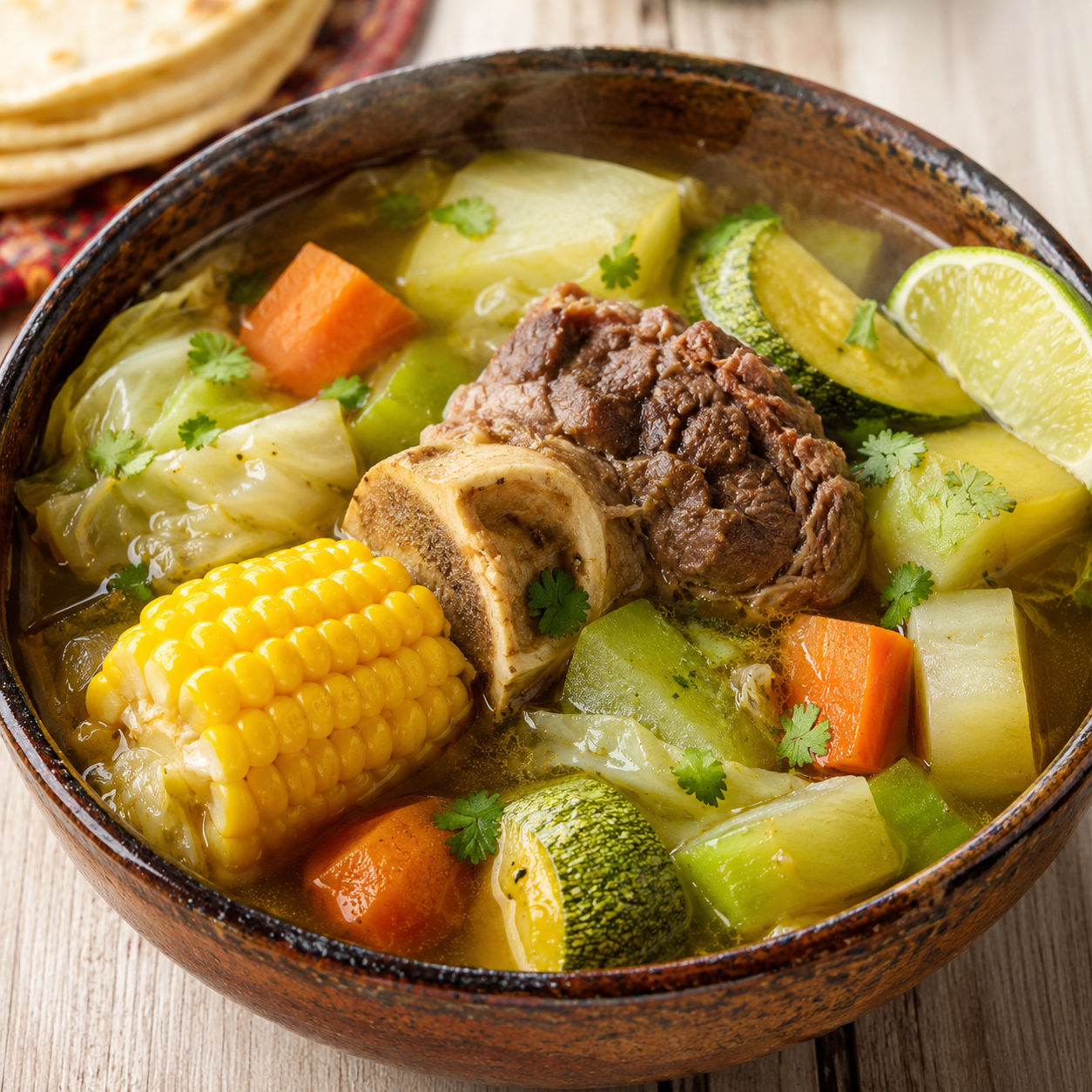 Caldo de res with beef shank, corn, cabbage, carrots, cilantro, and lime