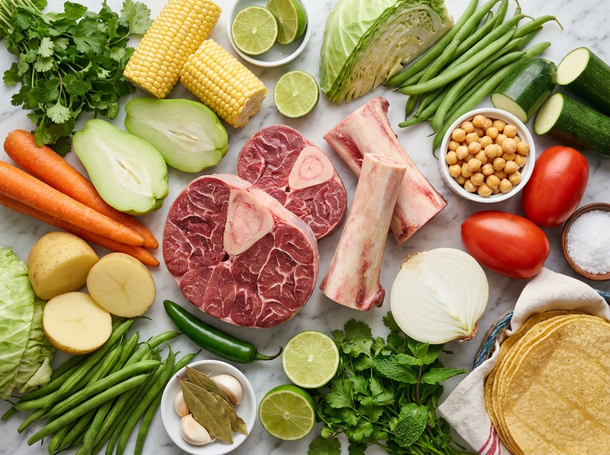 Raw caldo de res ingredients with beef shank, marrow bones, vegetables, and herbs