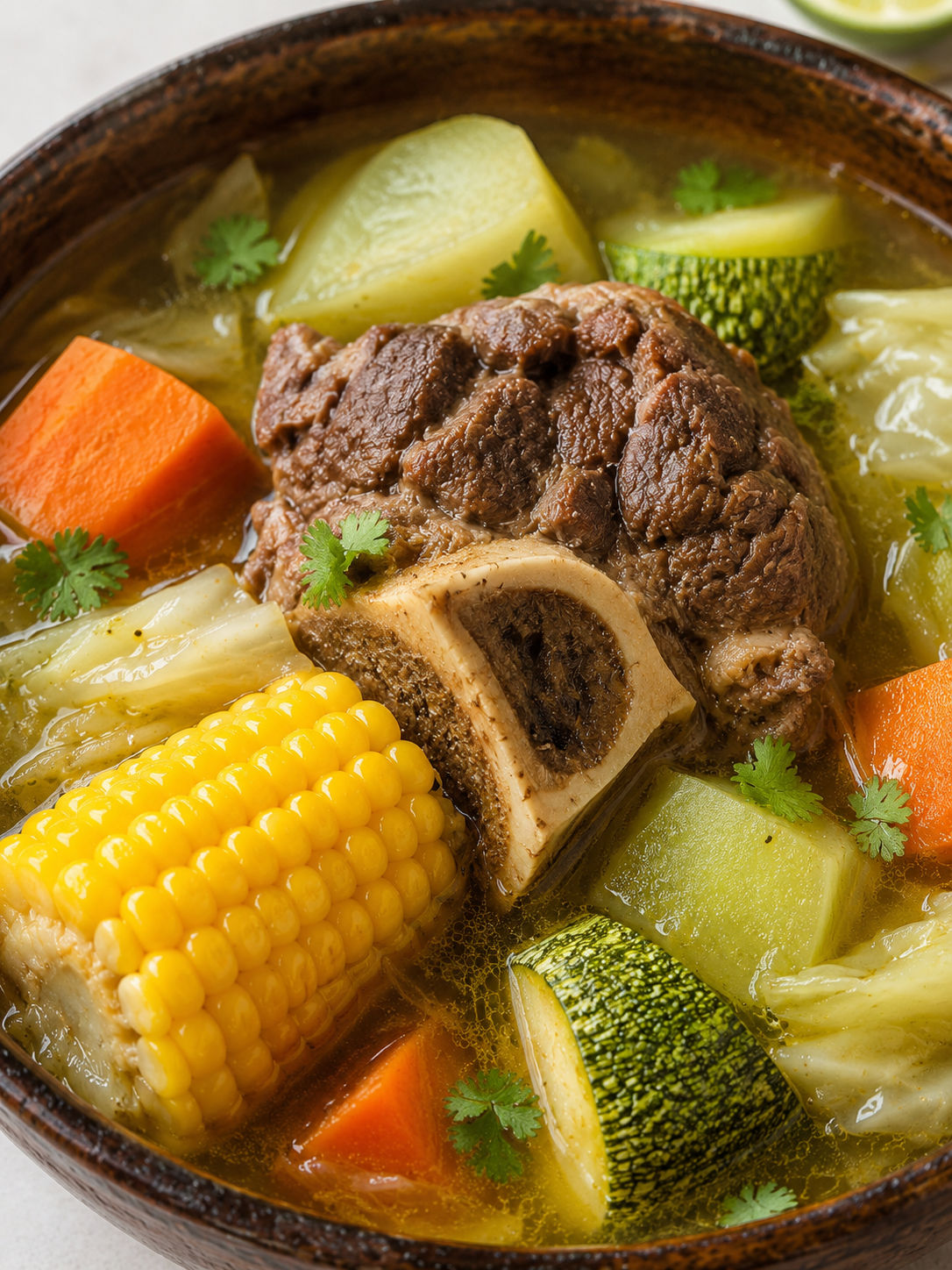 Traditional Mexican Caldo de Res (Beef Soup), plated and served