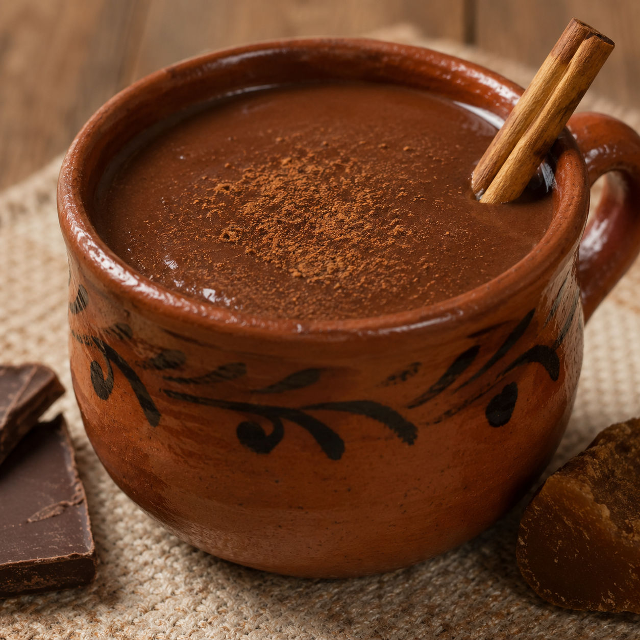 Traditional Mexican Champurrado in a clay mug with cinnamon and chocolate