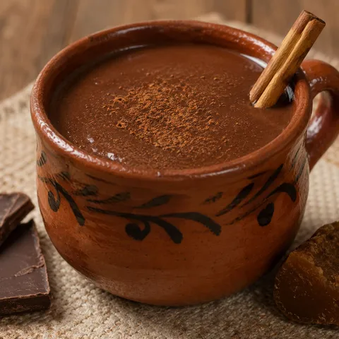Traditional Mexican Champurrado in a clay mug with cinnamon and chocolate