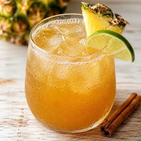 Golden Mexican tepache over ice with pineapple, lime, and cinnamon