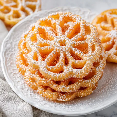 Stack of golden lacy rosette cookies dusted with powdered sugar on a white plate