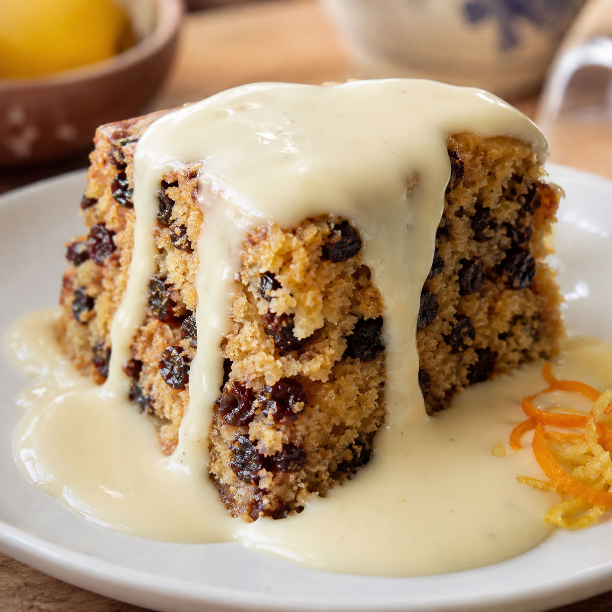 Spotted dick pudding slice with warm vanilla custard sauce