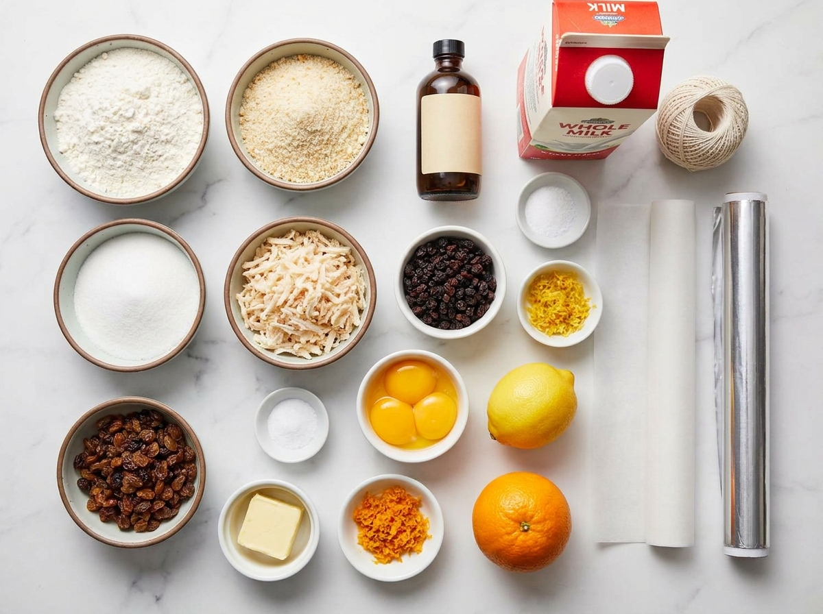 Ingredients for spotted dick pudding and English custard sauce