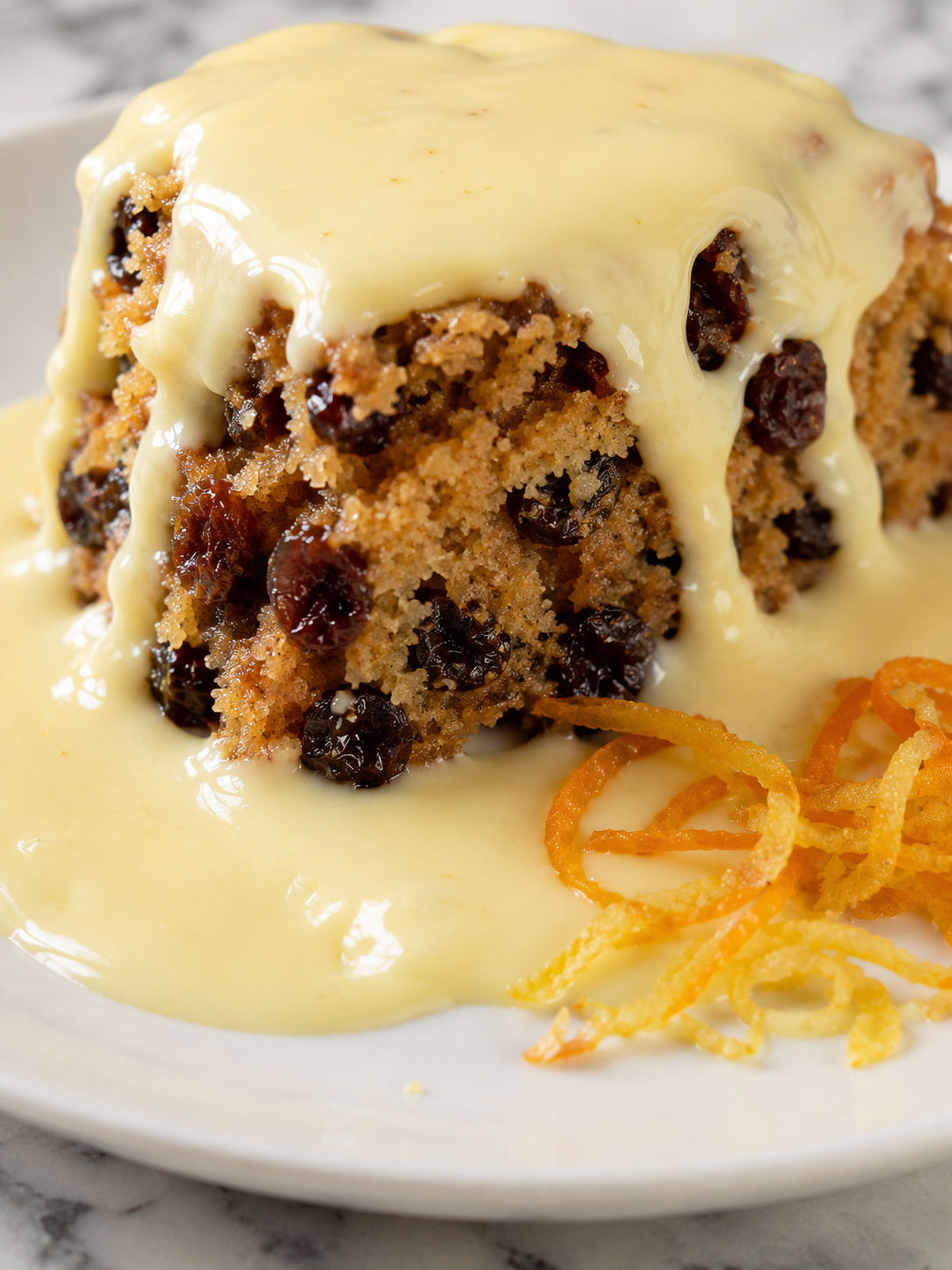 Traditional Spotted Dick with English Custard Sauce, plated and served