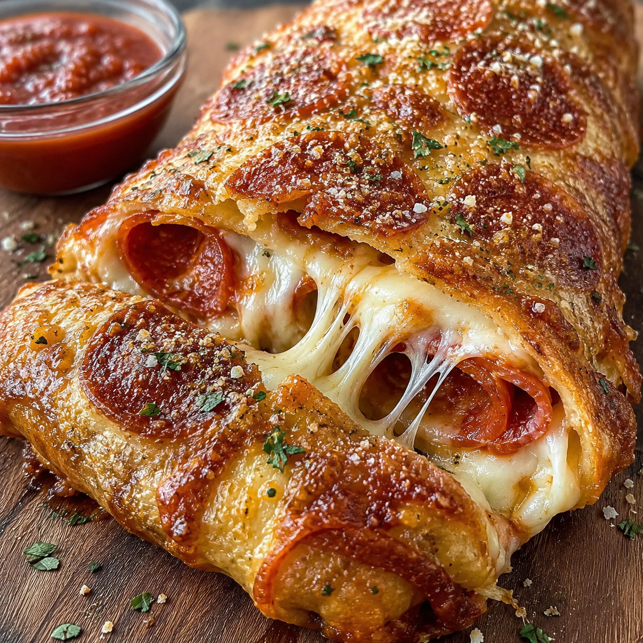 Cheesy pepperoni stromboli slices with marinara on a wooden board