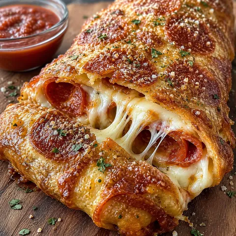 Cheesy pepperoni stromboli slices with marinara on a wooden board