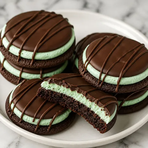 Triple layer chocolate mint cookies with glossy ganache and green frosting