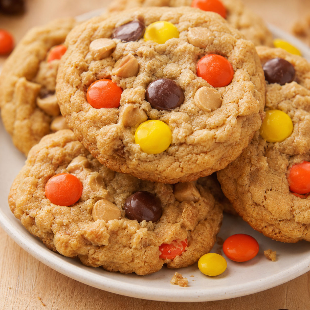 Triple peanut butter cookies with Reese’s Pieces on a cream plate