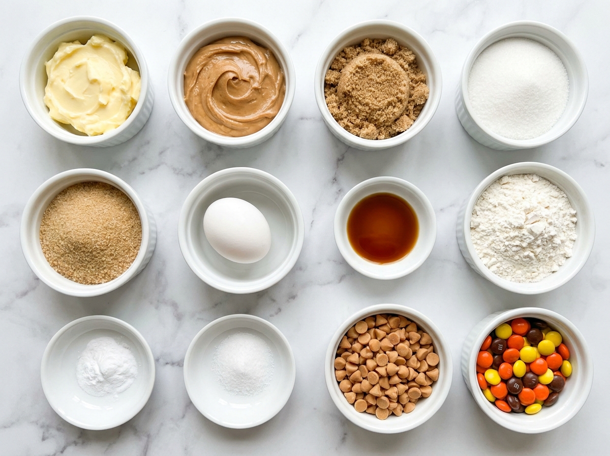 Ingredients for peanut butter cookies with Reese’s Pieces and chips