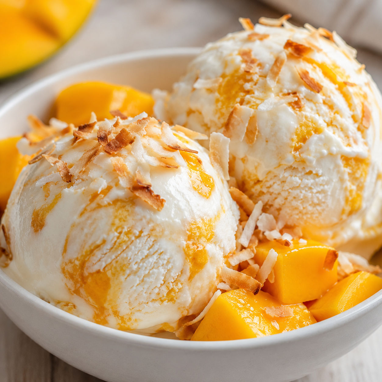 Scoops of tropical coconut mango ice cream topped with toasted coconut and fresh mango chunks