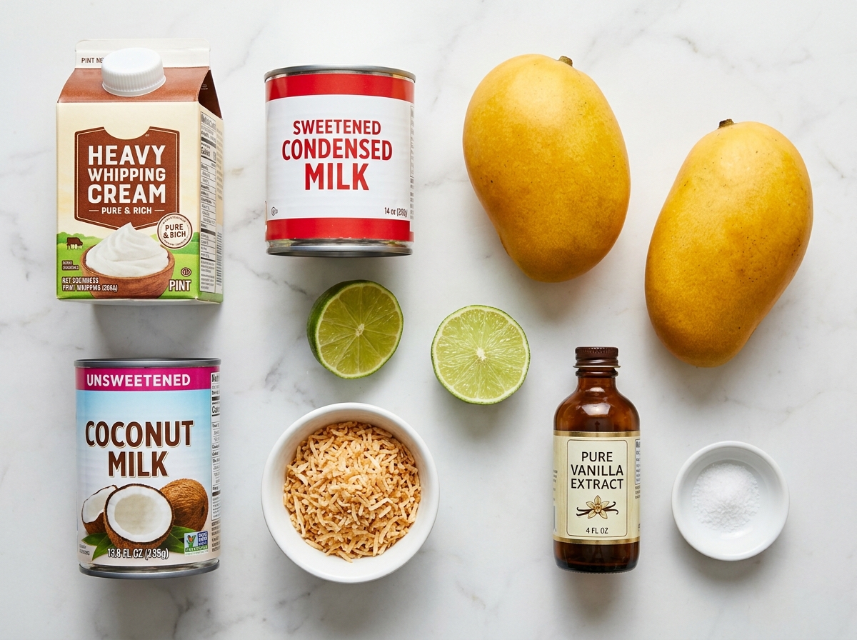 Raw ingredients for coconut mango ice cream arranged on a wooden counter