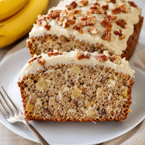 Tropical hummingbird bread with creamy frosting and toasted pecans