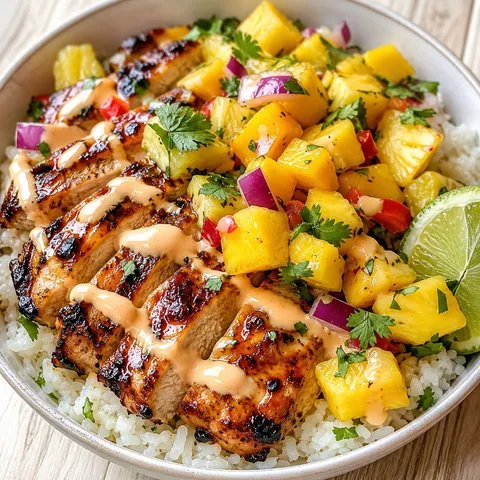 Lemon ginger chicken bowl with pineapple mango salsa and coconut rice