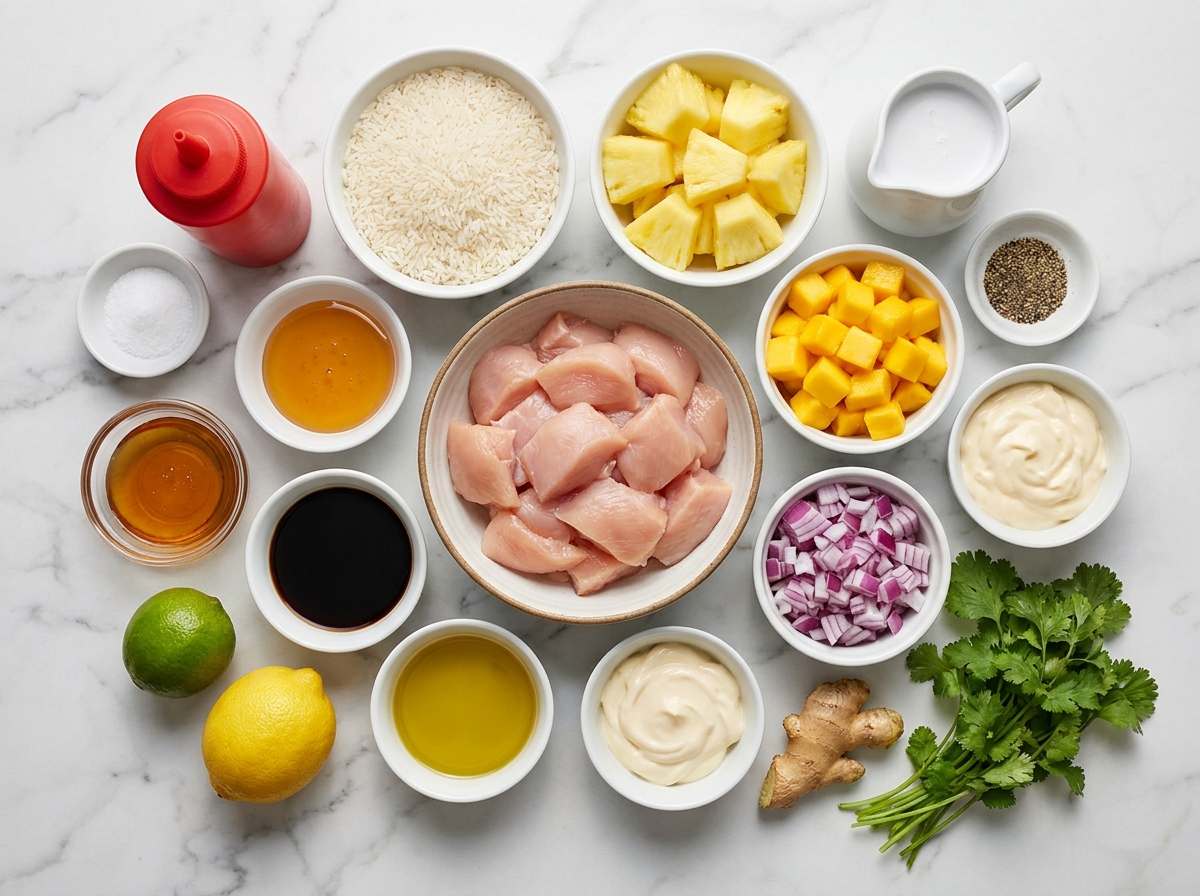 Ingredients for lemon ginger chicken with pineapple mango salsa