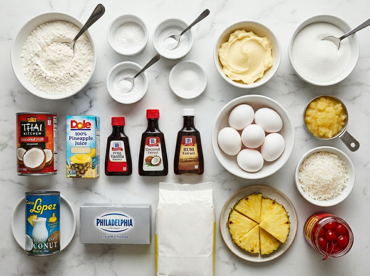 Ingredients for tropical piña colada cupcakes on a pale counter