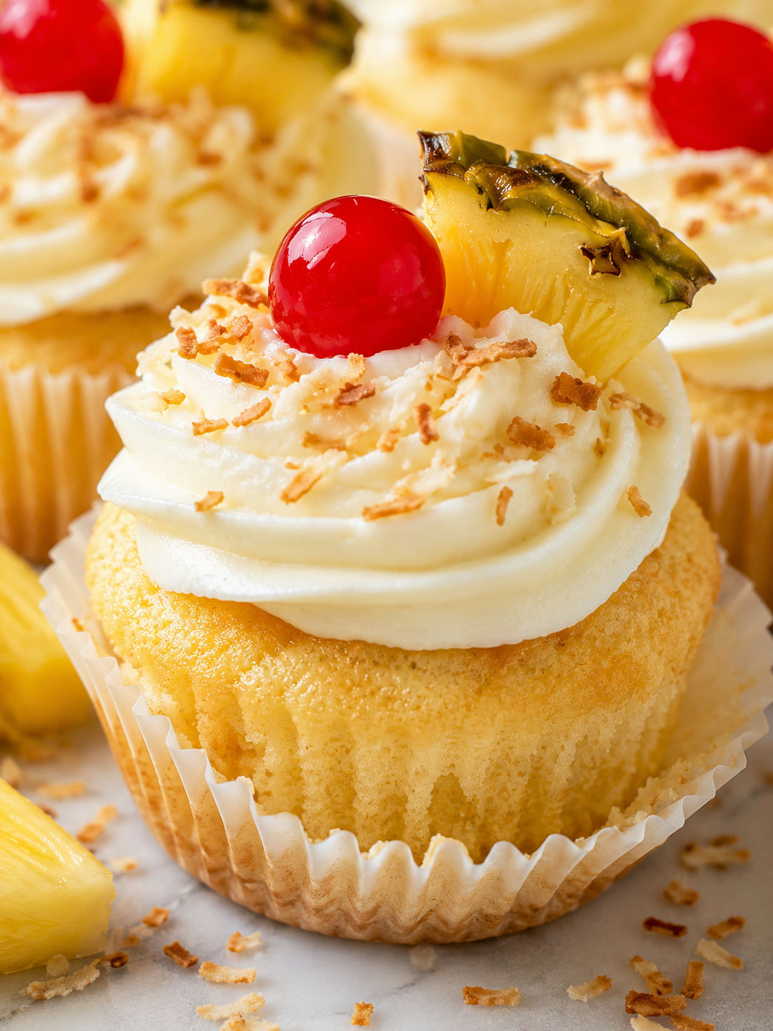 Tropical Piña Colada Cupcakes, plated and served