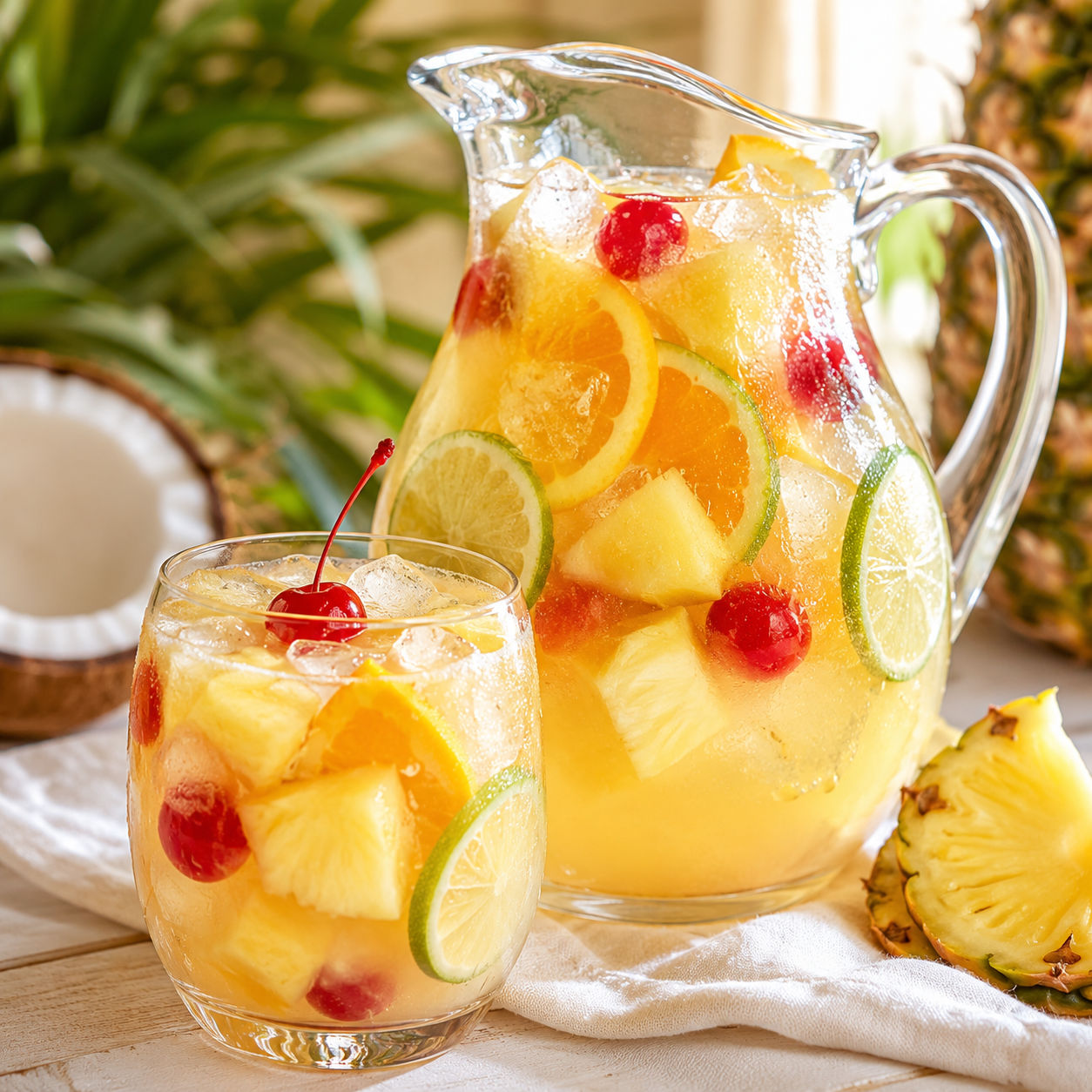 Pina Colada Sangria with pineapple, citrus, and cherries in glasses